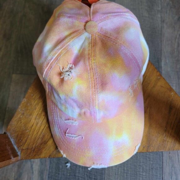 Distressed pink, white and orange tie dyed baseball hat with ponytail hole - Picture 5 of 8